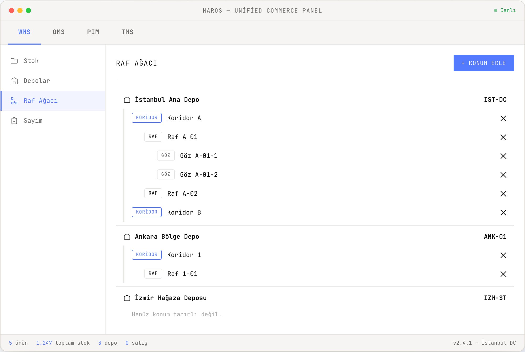 HaROS WMS raf ağacı ekranı — depo, koridor, raf ve göz hiyerarşisi