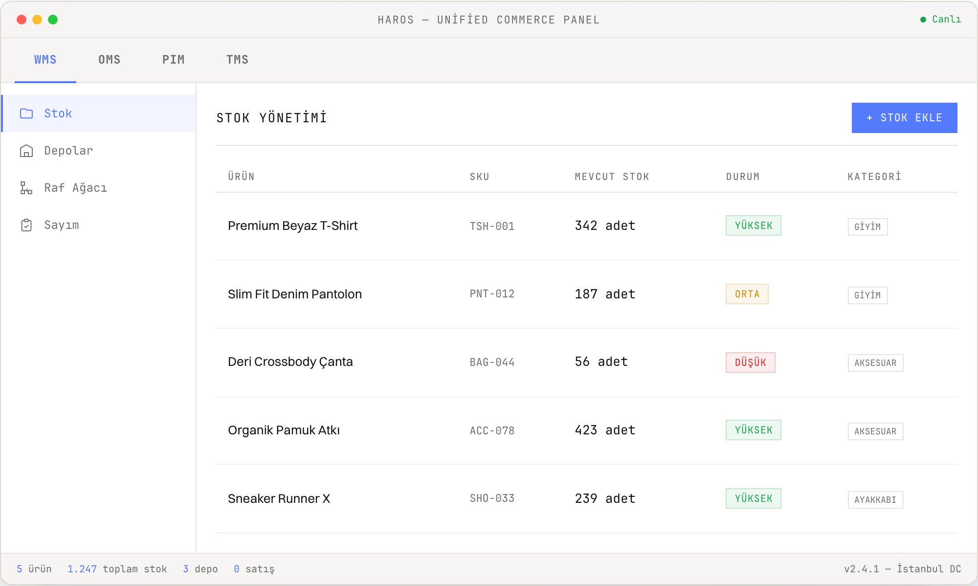 HaROS WMS stok ekranı — lokasyon bazlı anlık stok listesi